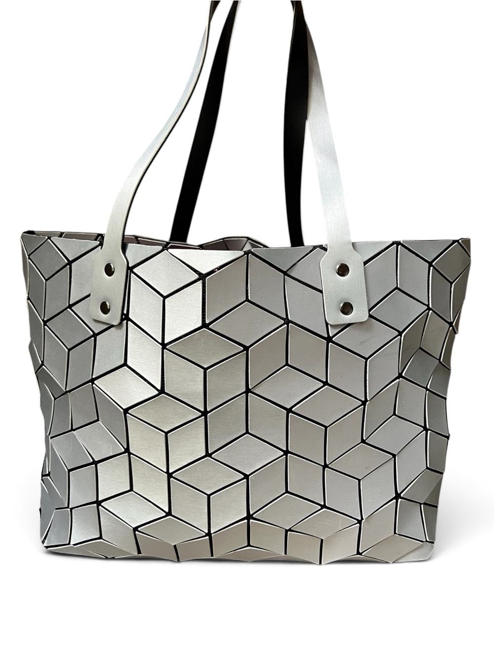 Geometric Silver Tote Bag with Black Accents